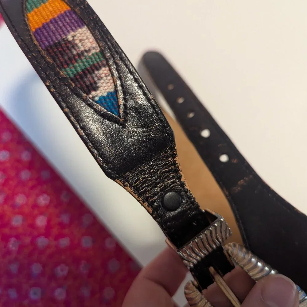 Vintage Silver Creek Leegin‎ Belt Embroidered Leather Western Boho Rainbow